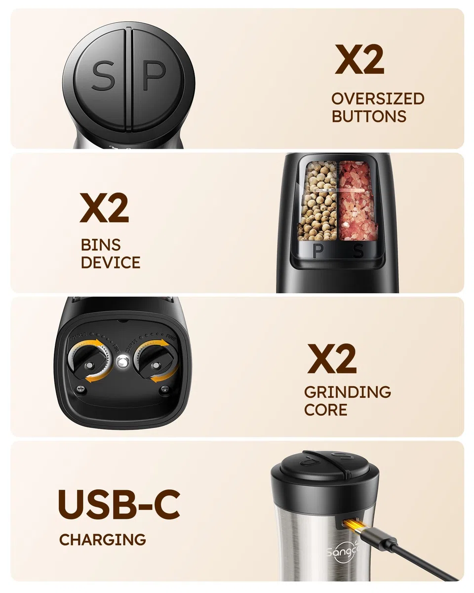 Sangcon Recargables USB Molinillo de Sal y Pimienta Eléctrico 2 en 1, Funcionamiento Automático con Una Sola Mano con Molinillo de Cerámica Ligero, Molonillo Sal Grosor Ajustable,(Color Metalico)