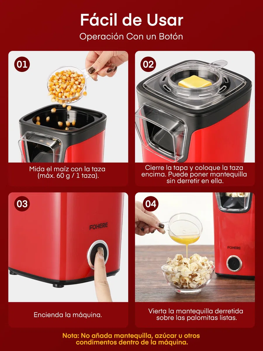 FOHERE Palomitero, 1100W Electrico Palomitera, Maquina de Palomitas Con Taza Medidora y Tapa Transparente, Sin Grasas Ni Aceites, Saludable y Delicioso, Ideal para Noches de Cine y Navidad