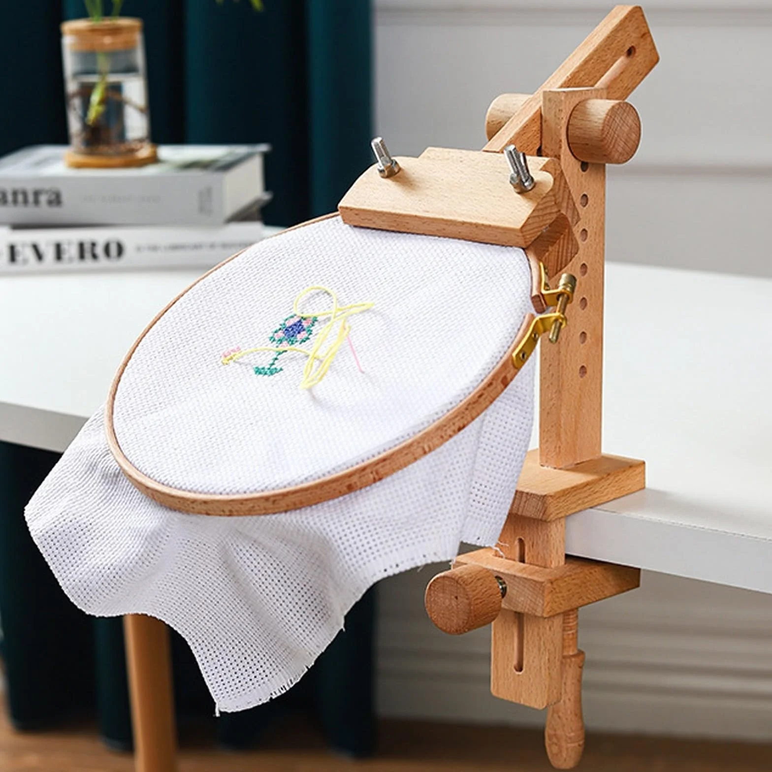 BATHVEVE 360grado Grados Giratorio Soporte de Madera para Punto Cruz Ajustable con Ganchos para Bordado DIY para Estudio y Hogar