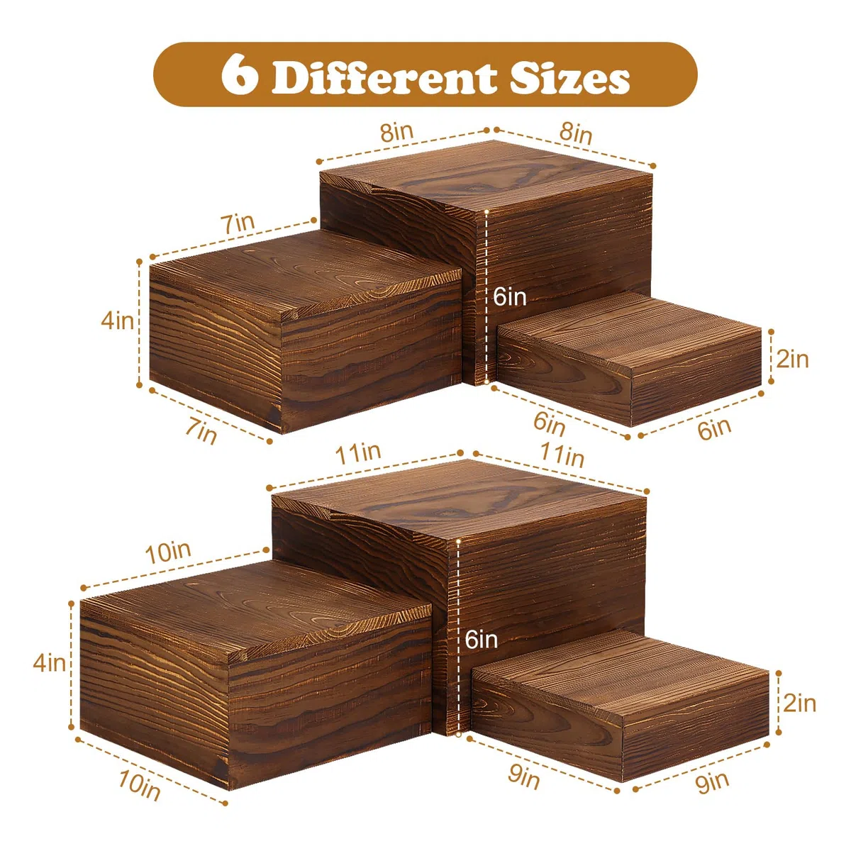 Paquete de 6 soportes de madera para exhibición, elevadores cuadrados de buffet para fiestas, soportes de madera para pasteles, soportes rústicos para cupcakes, cajas de madera para exhibición,
