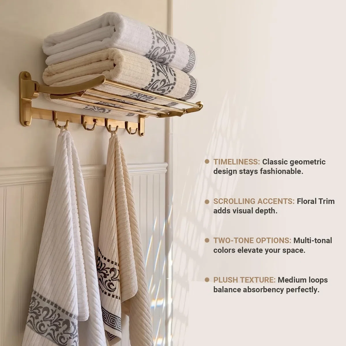 Superior Juego de Toallas Decorativas de 6 Piezas con patrón Griego, algodón Absorbente, decoración para baño, SPA, Incluye 2 Toallas de Mano, 2 Toallas de Cara y 2 de baño, Esenciales