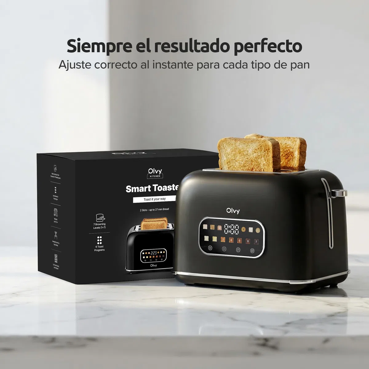 Olvy Tostadora 2 Rebanadas con Pantalla LCD y Temporizador – Ranuras Extra Anchas para Pan Grueso – 7 Niveles de Dorado, Descongelar y Recalentar – 900W – Negro