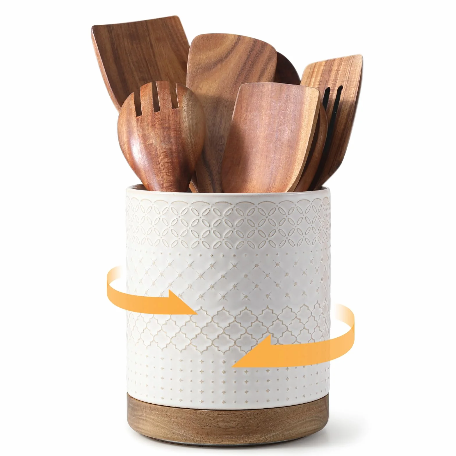 DOWAN Utensilienhalter Küche Drehbar, Küchenutensilienhalter Keramikbehälter für Küchenutensilien, Küchenutensilien Aufbewahrung Beige mit Relief, Utensilienbehälter groß für Kochlöffel