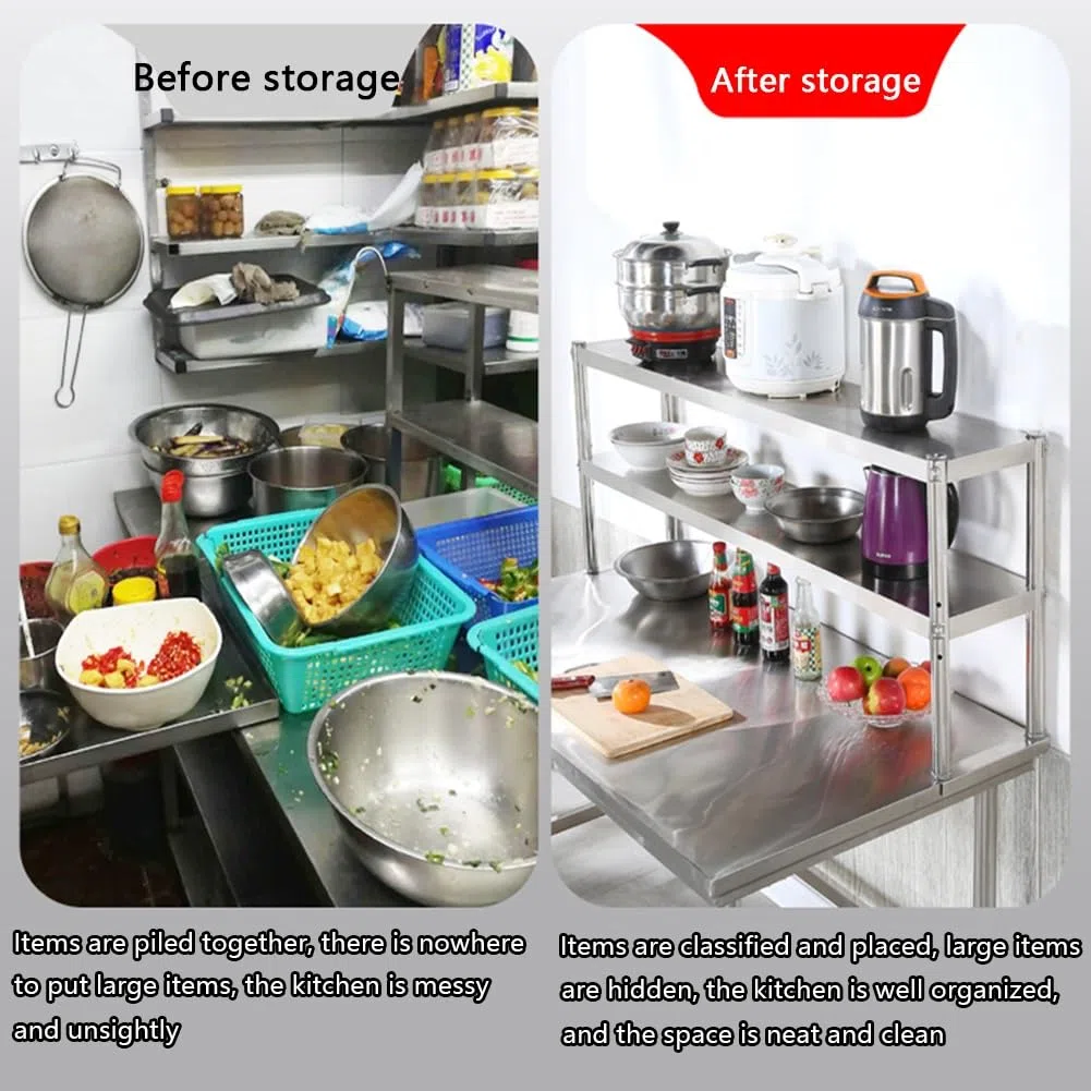 Estantes de acero inoxidable de 2/3 niveles, banco de trabajo portátil de metal y estante de pie para cocina y baño (70 x 30 x 60 cm, 2 capas) - Solución de almacenamiento duradera