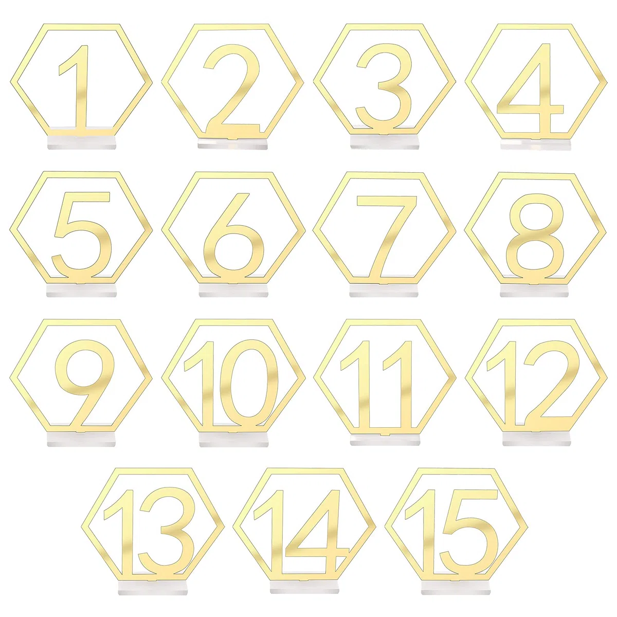KINBOM 15 Piezas 1-15 Números de Mesa de Boda Restaurante con Titulares Acrílico Recorte Hexágono Mesas Centros para Decoración de Recepción (Dorado)