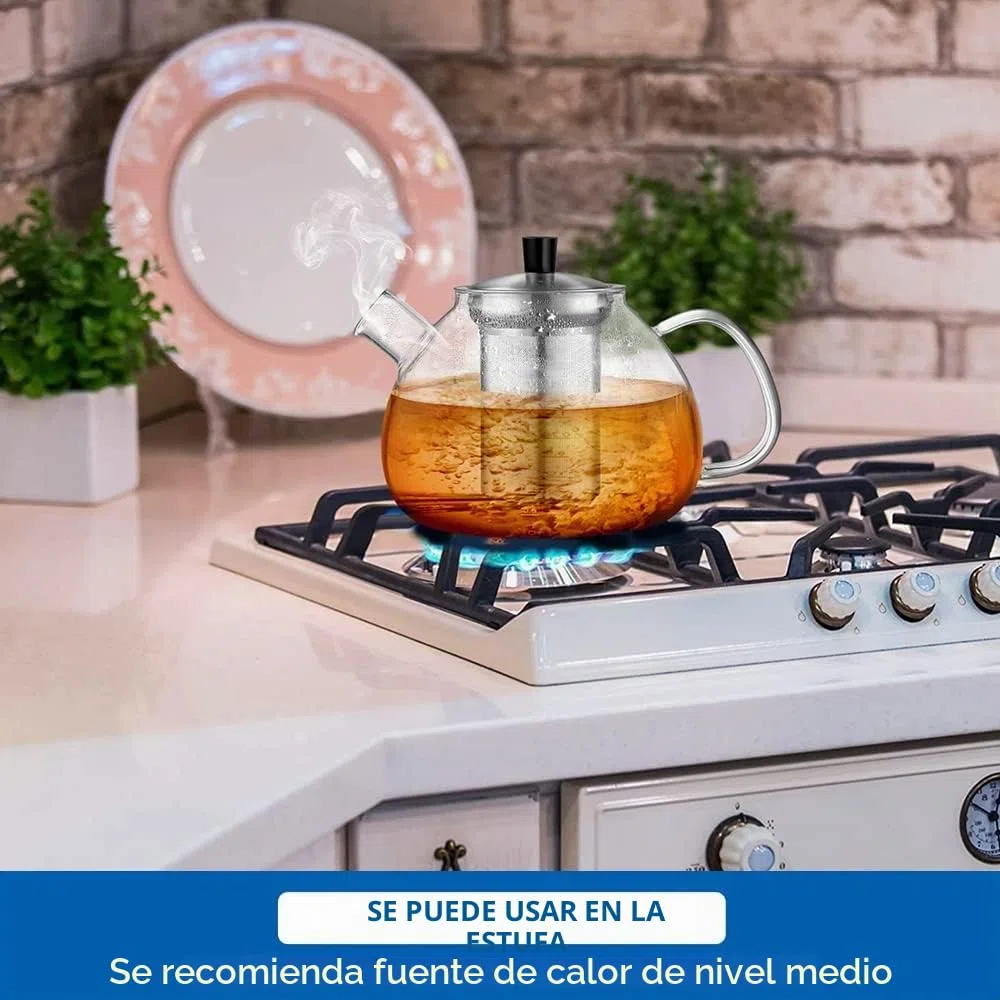 ecooe Tetera de cristal de borosilicato, 1000 ml, con colador extraíble de acero inoxidable 18/8, resistente al calor, para té negro, verde