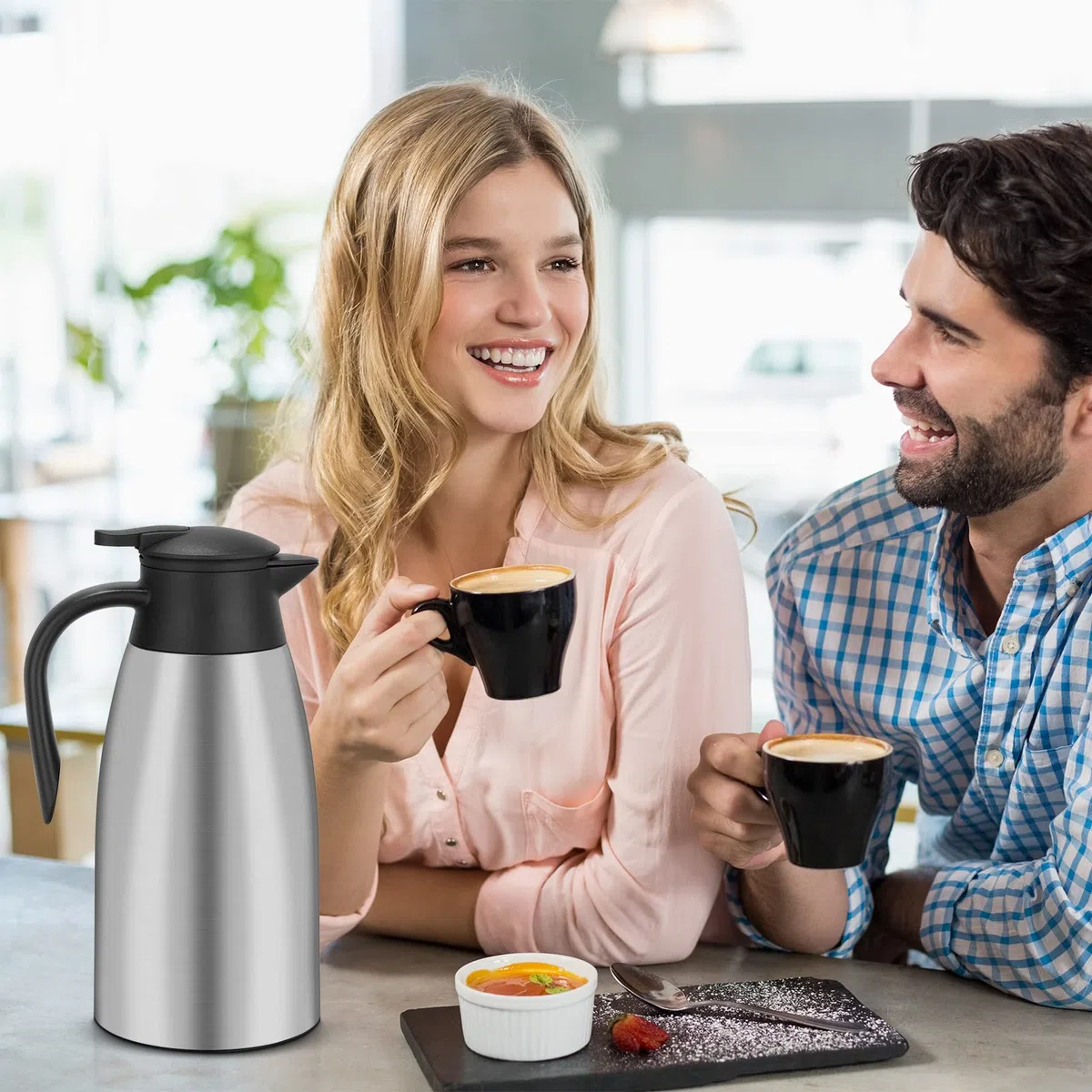Hossejoy Termo de acero inoxidable de doble pared, aislamiento al vacío, jarra de café, 12 horas de almacenamiento de calor y frío, para café, leche, té, bebidas (plata)