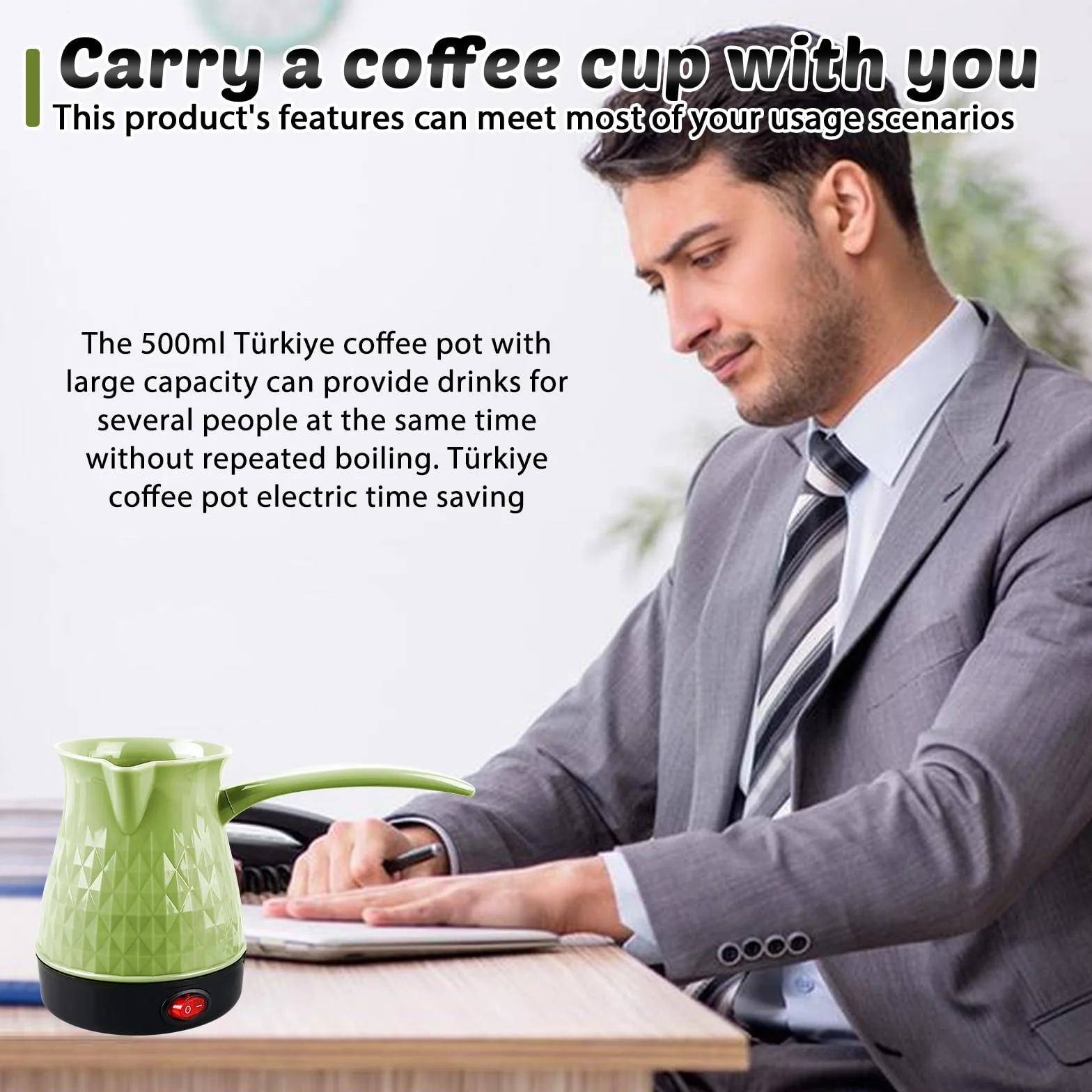 BORDEAG Cafetera Eléctrica Turca, 500 ml Verde, Acero Inoxidable, Ideal para Hogar y Oficina