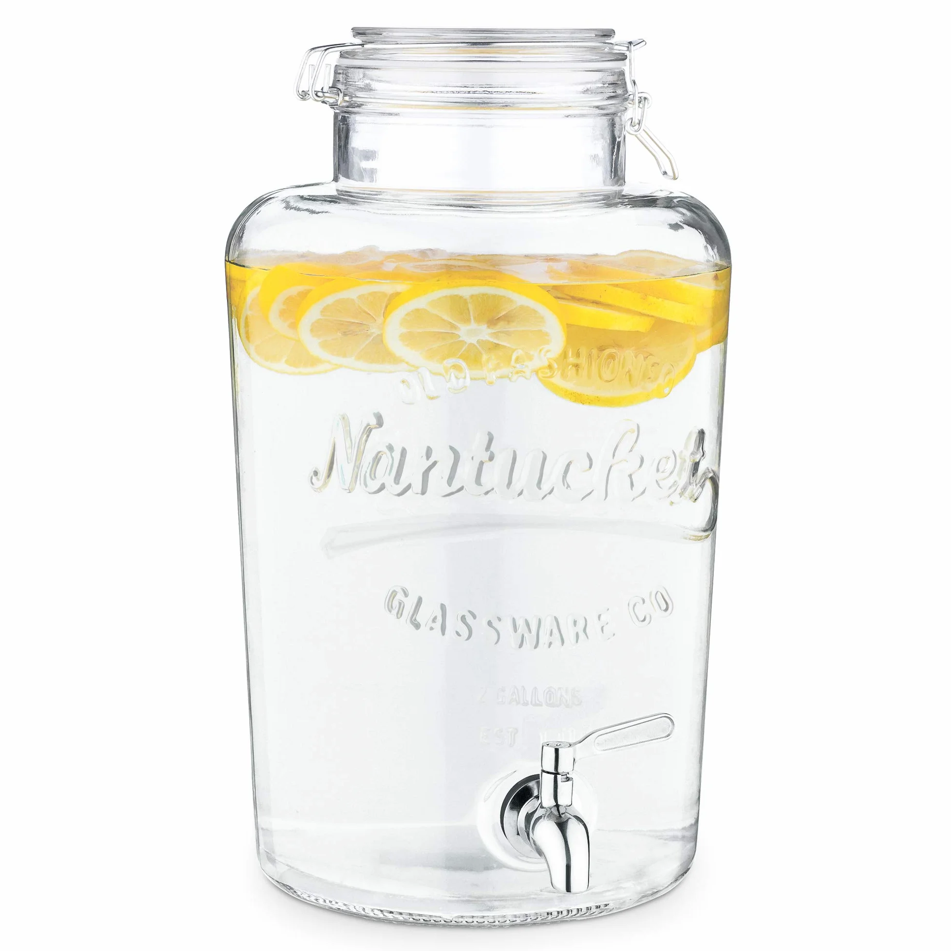 Navaris Dispensador de Bebidas con Grifo 8L - Recipiente de Vidrio con Tapa y Cierre Giratorio de Acero Inoxidable - Agua Jugo Vino Sangria