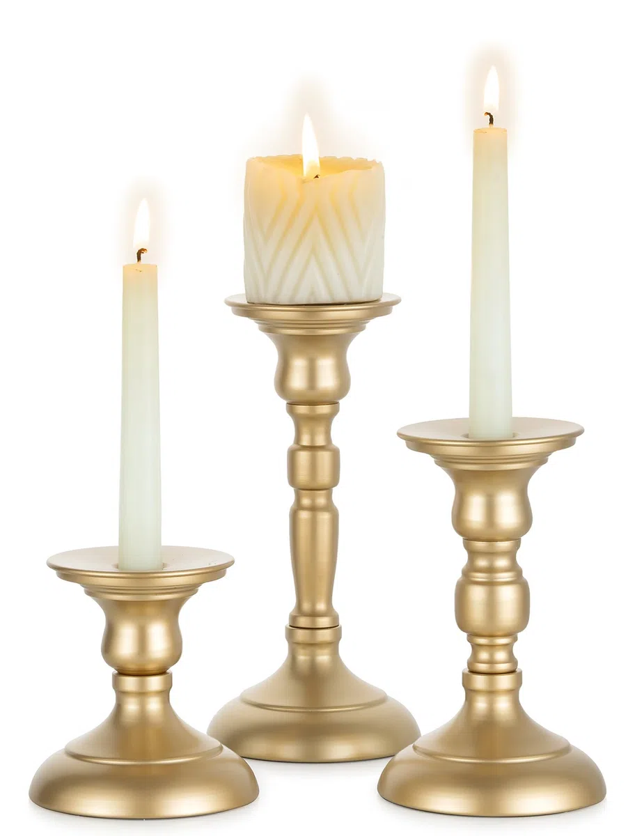 Sziqiqi Portavela de Columna Dorados: Portavela Vintage para Velas de Columna y Cónicas - Juego de 3 Soporte para Velas de Metal para Centro de Mesa Cena Navidad Boda