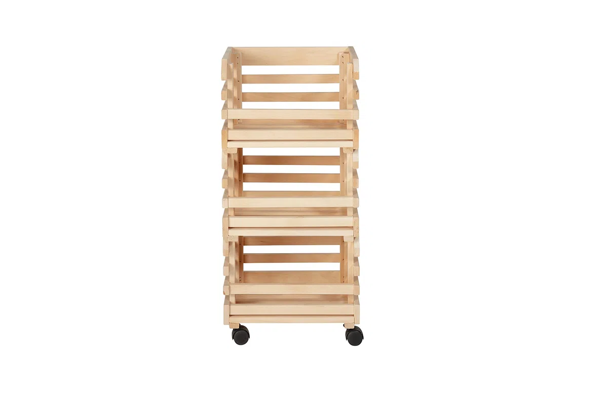 Inter Link - 3 cajas apilables de madera maciza natural - Caja de almacenaje con ruedas, caja de almacenaje para fruta, verdura - Ahorra espacio, práctico y versátil - 37 x 30 x 80 cm