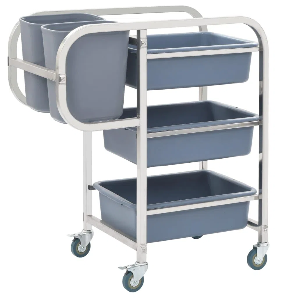 Carro de cocina con marco de acero inoxidable y recipientes de plástico, 82 x 43,5 x 93 cm, carrito con 4 ruedas y frenos, para cocina, comedor, transporte de platos y residuos