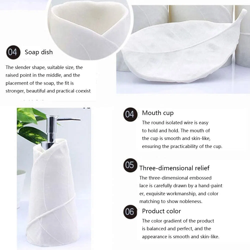 Estilo Moderno Blanco Juego de Accesorios de Baño de Resina Conjunto de Baño con Porta Cepillo de Dientes, 2 Tazas, Dispensador de Jabón Líquido, Jabonera, Diseño de la Hoja,Without Tray