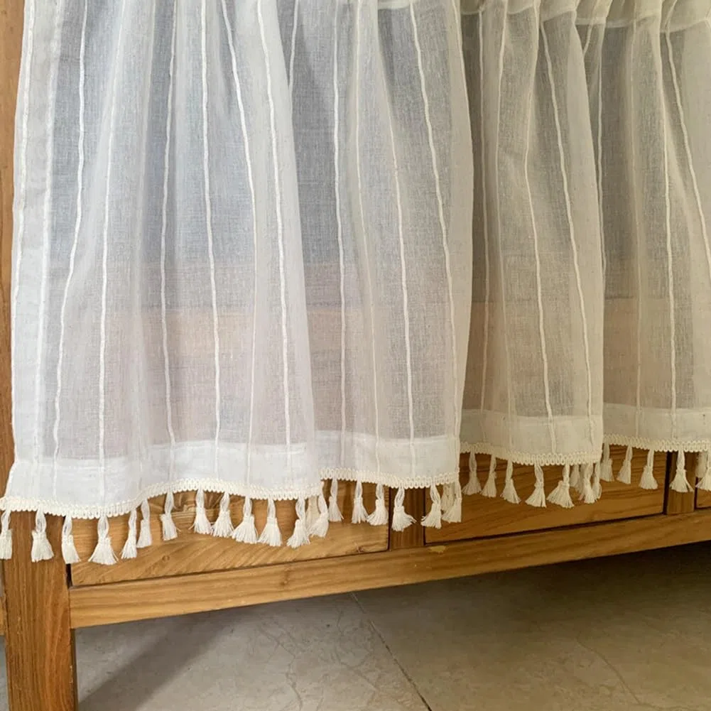Cortina de cocina con textura de lino bohemio, cenefa semitransparente, panel corto rústico para ventanas pequeñas, bolsillo para barra