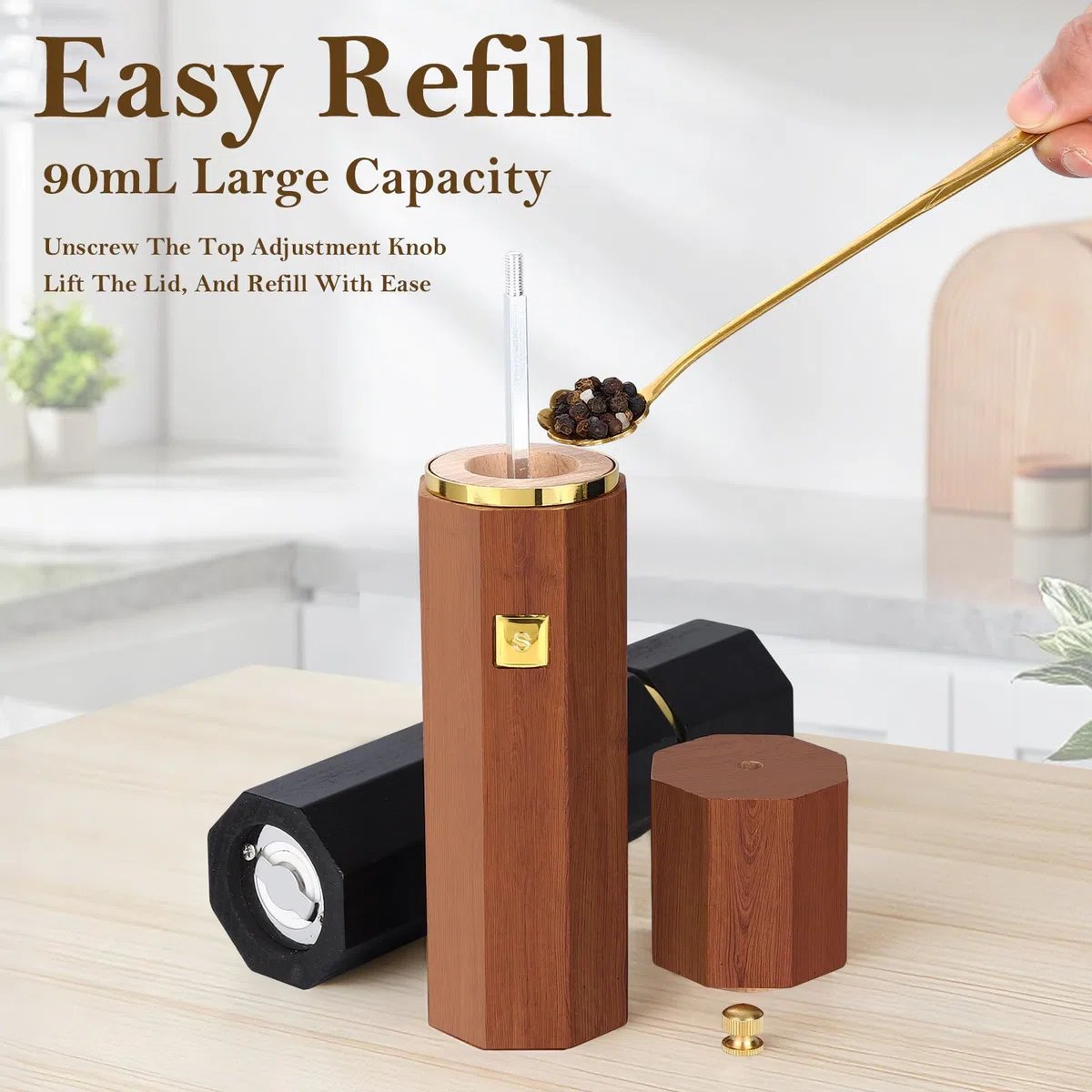 Lote de 2 molinillos de sal y pimienta de madera maciza - Molinillo manual recargable con cerámica ajustable, acabado de madera natural, 20 cm, esencial para cocina y mesa, regalo de cumpleaños