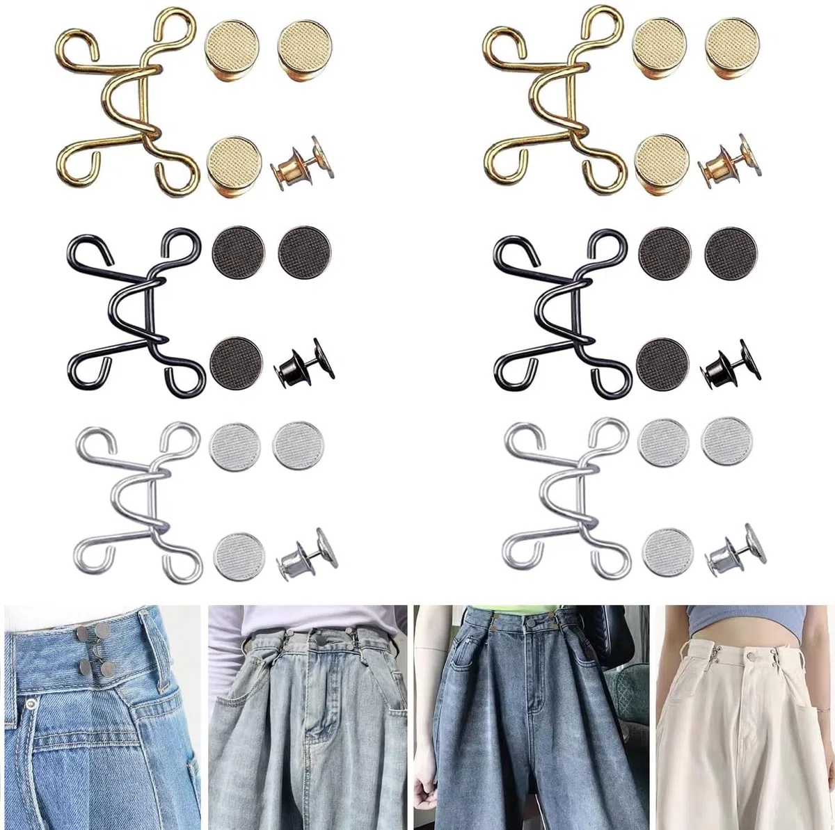 Juego de 36 broches de botón de mezclilla ajustables, hebilla de cintura, no requiere costura, tensor de cintura para pantalones vaqueros, ajuste instantáneo de vestido, 6 juegos (estilo A)