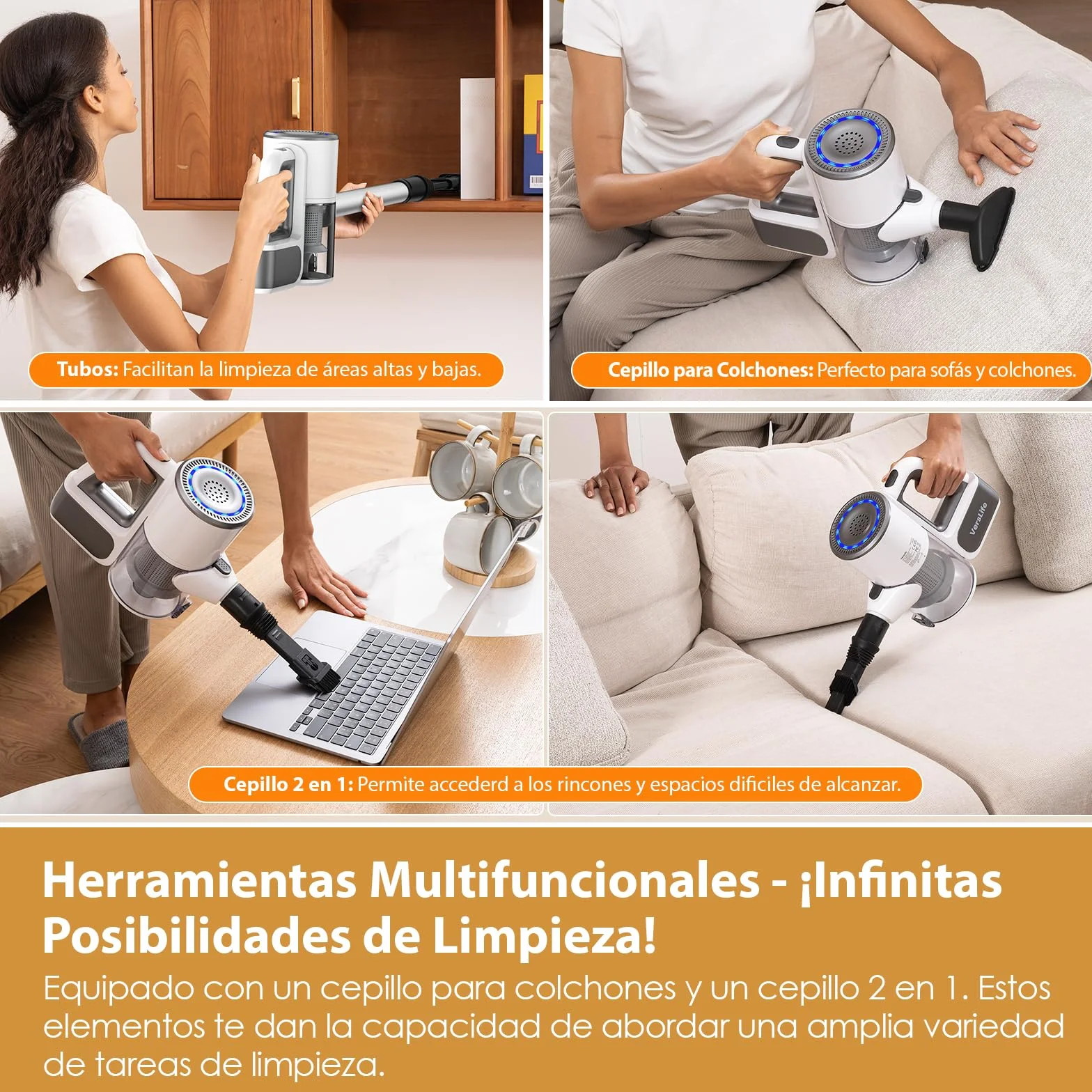 VersLife Aspiradora sin Cable S6PRO,30kPa Aspirador Escoba sin Cable Potente,Diseño Sin Enredos,Filtración HEPA de 6 Etapas,Herramientas Multifuncionales,Aspirador Inalámbrico para Mascotas y Suelos
