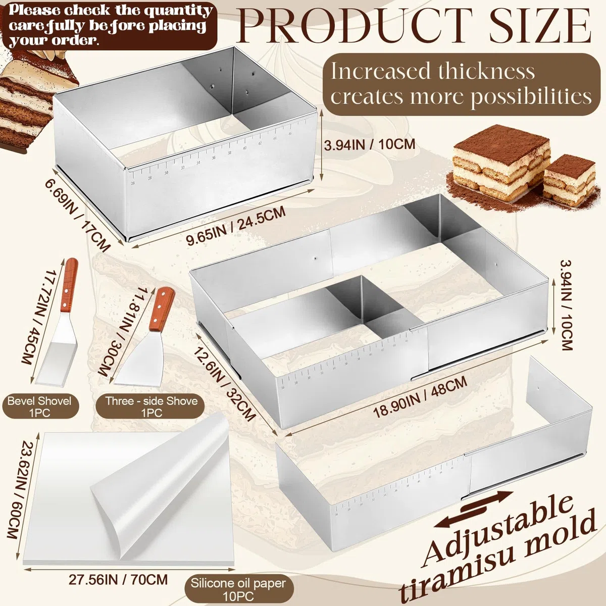 Blushtier Juego de 13 moldes de tiramisú extensibles rectangulares para tartas, moldes ajustables de acero inoxidable para mousse de 45,7 x 33,0 x 10,2 cm con raspador de pergamino para hornear