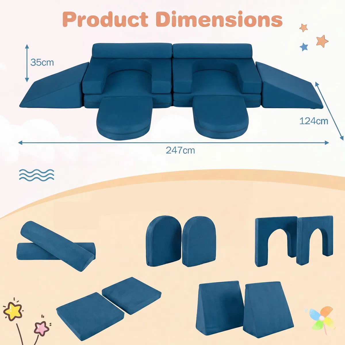 Lifezeal - Sofá infantil modular de 10 piezas, sillón infantil convertible de espuma con tejido de ante suave y fundas con cremallera lavables a máquina, sofá de juego plegable para bebé de 3 años