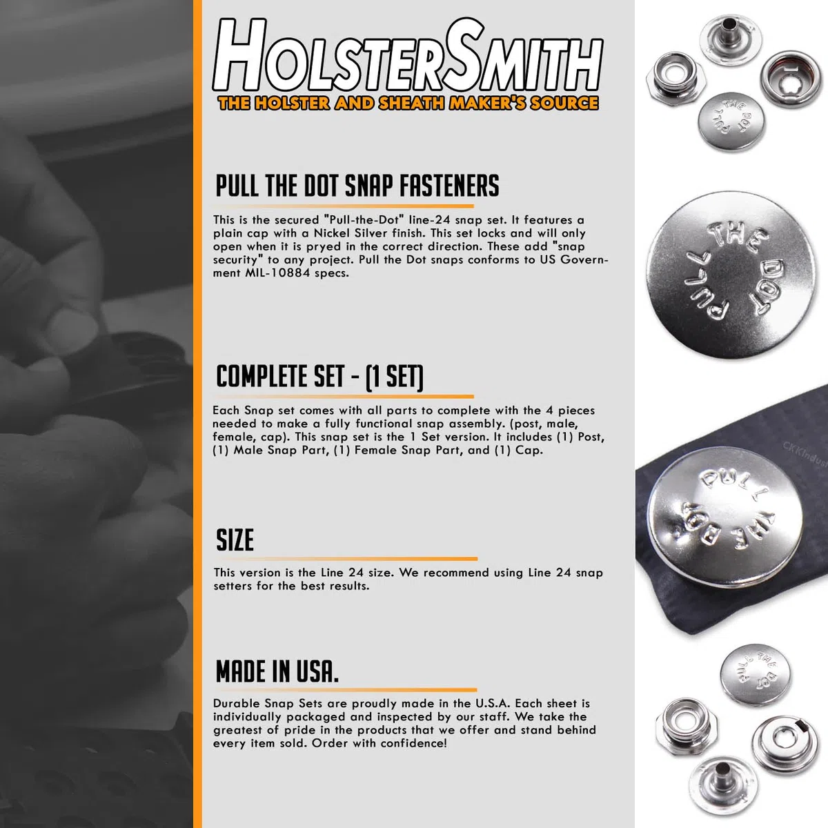 HolsterSmith Juego de broches de metal (línea 24) - (tira del punto) - (níquel plateado) - (1 juego) - para cuero, fundas, fundas, bolsas y ropa