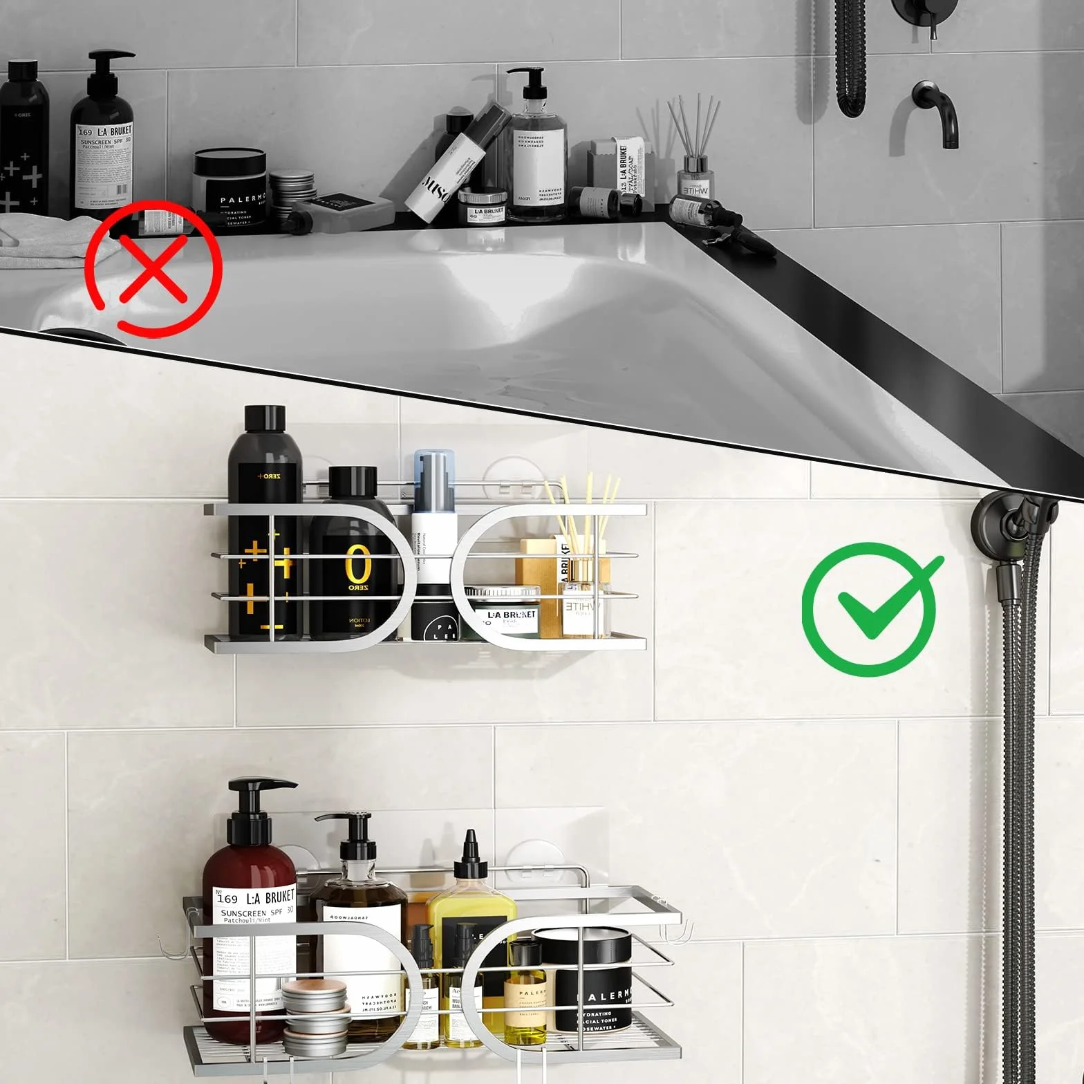 Adhesivo Estantes Cesta para Ducha de Baño Gran Capacidad 304 Acero Inoxidable Ducha Estanteria Organizador para Cocina o Baño 2 Piezas(Plata)