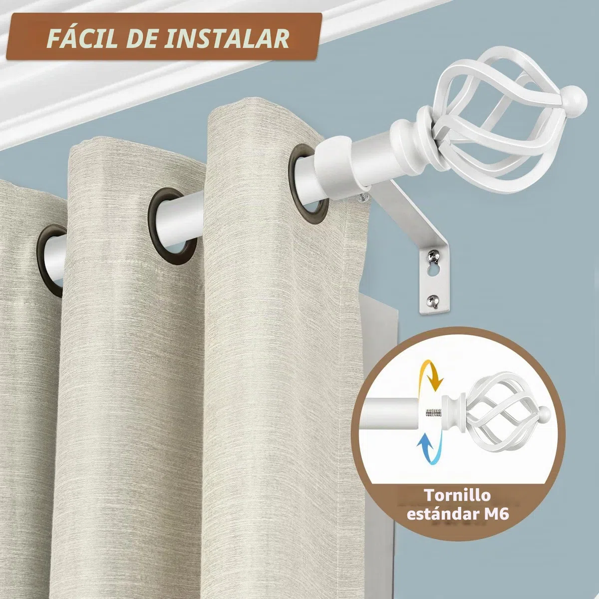 KAMANINA Barras de cortina blancas de 80 a 148 cm, barras de cortina decorativas ajustables para cortinas con ojales, 19 mm de diámetro con remates trenzados