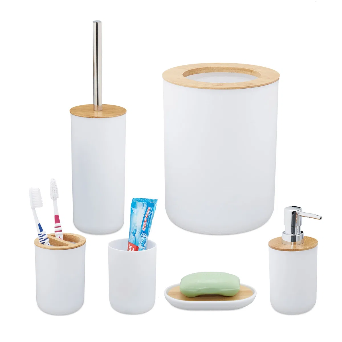Relaxdays Accesorios de Baño 6 Piezas, Dispensador Jabón, Vaso, Portaescobillas, Bambú, Plástico, Blanco