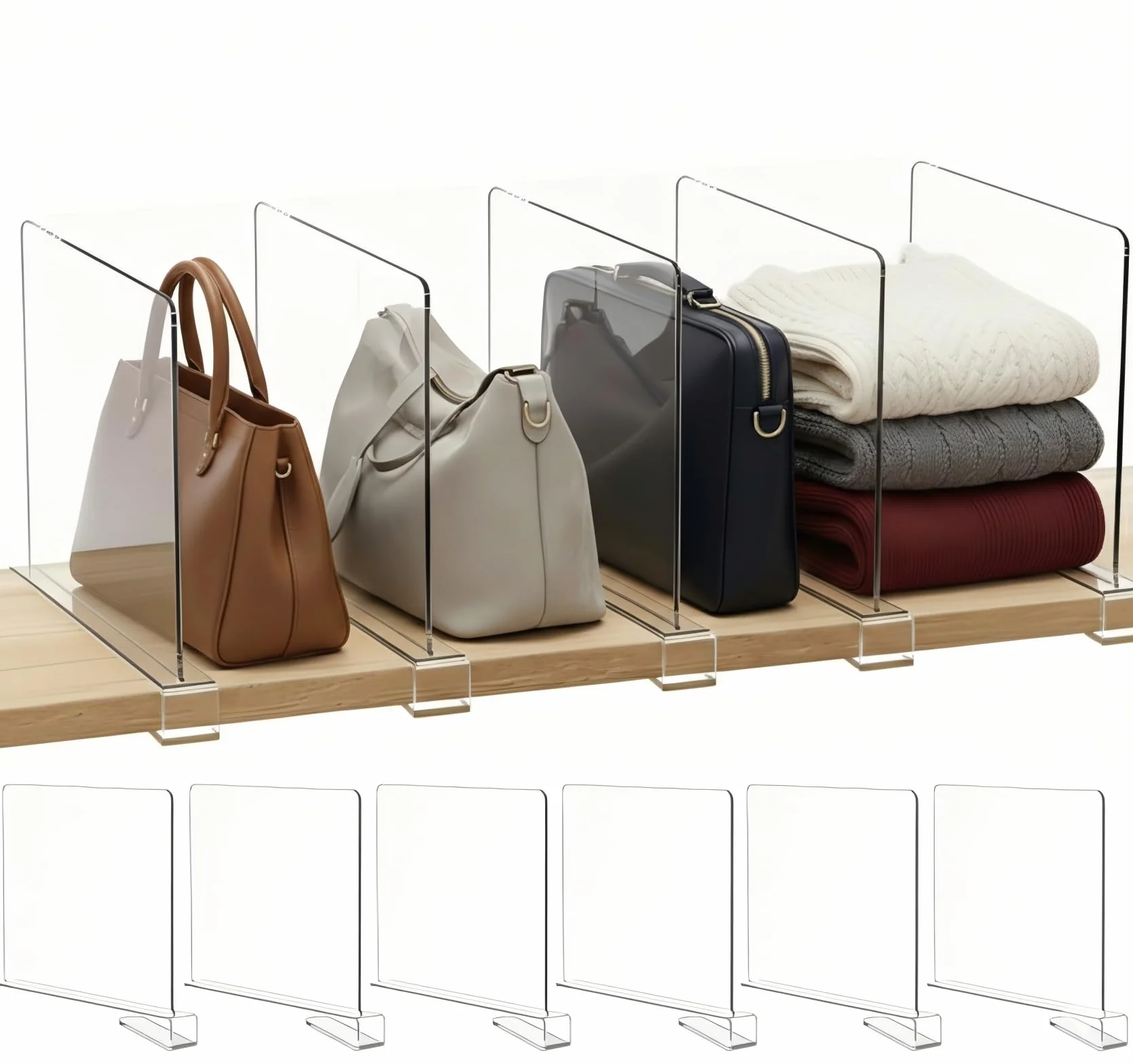 Separadores de estantes acrílicos transparentes, 6 unidades: organizador multifuncional de armario - 30 x 20 cm divisor de estantes - Separador de armario ajustable para armario, dormitorio,