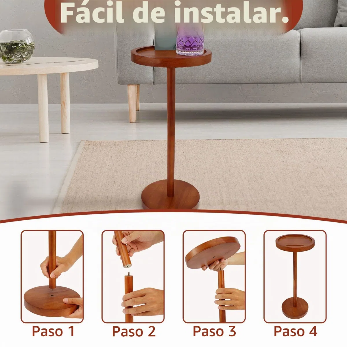 NIHUIFDPY Mesa auxiliar pequeña redonda de madera con soporte para teléfono, 23,8 x 55 cm, mesita de noche, sofá, mesas auxiliares para espacios pequeños, sala de estar, dormitorio, balcón y patio