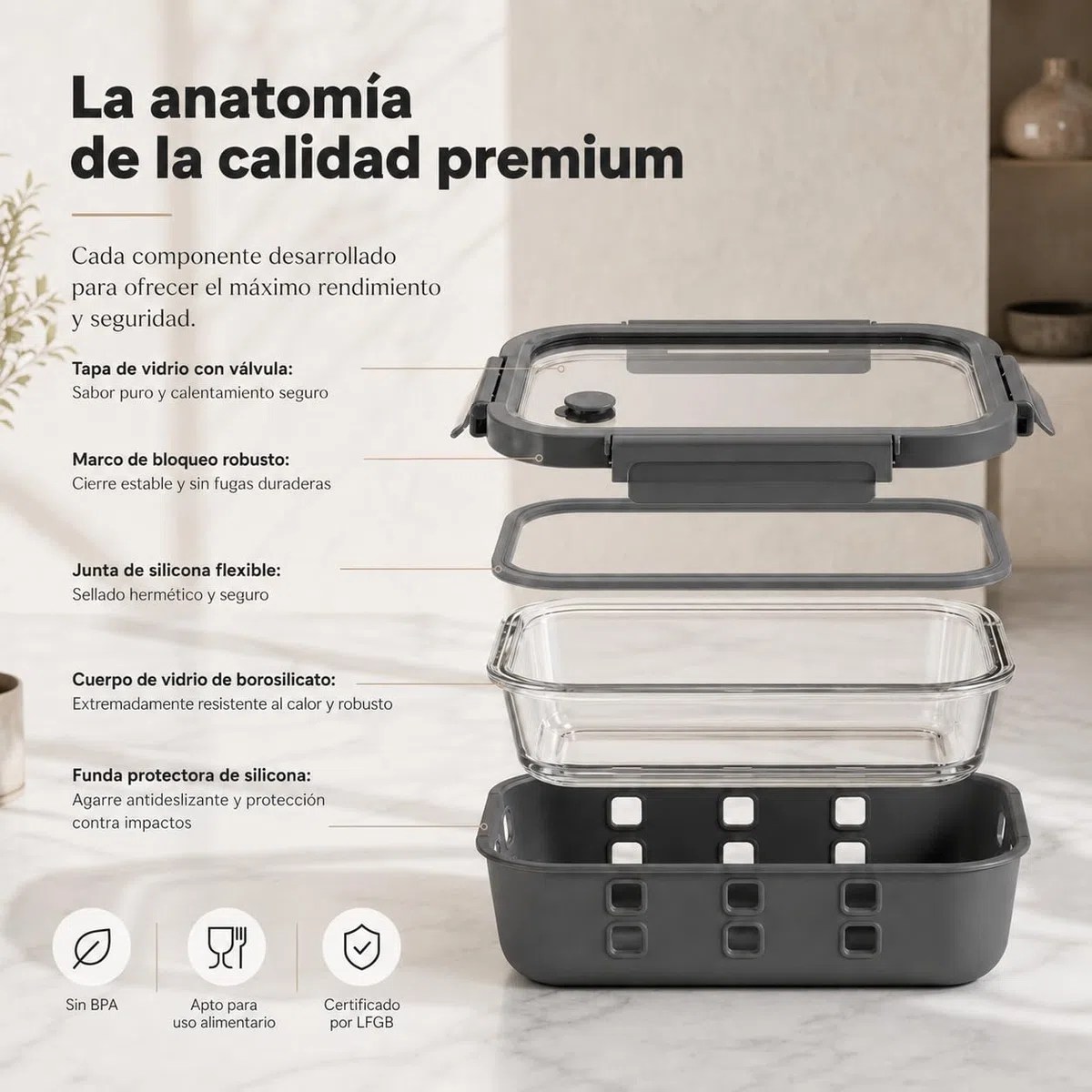 Fiambreras de Cristal Borosilicato – Set Meal Prep 3x1520 Mililitros, Recipientes Herméticos Apilables, Aptos para Microondas con Válvula de Vapor, Funda Silicona Anti-Impacto
