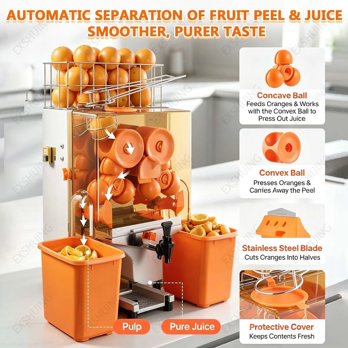 Exprimidor Automático Comercial De Frutas Y Cítricos, Eléctrico, De Acero Inoxidable, Con Un Rendimiento Del 40-50%, Capaz De Extraer 30 Naranjas Por Minuto