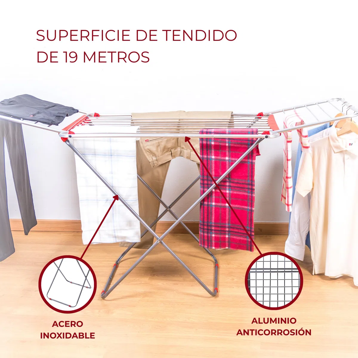 Tendedero de Ropa Plegable con Alas de Mezcla Acero y Aluminio Resistente para Interior y Exterior con Superficie de Tendido 19m - Ligero y Compacto con Fácil Plegado - Fabricado en Europa