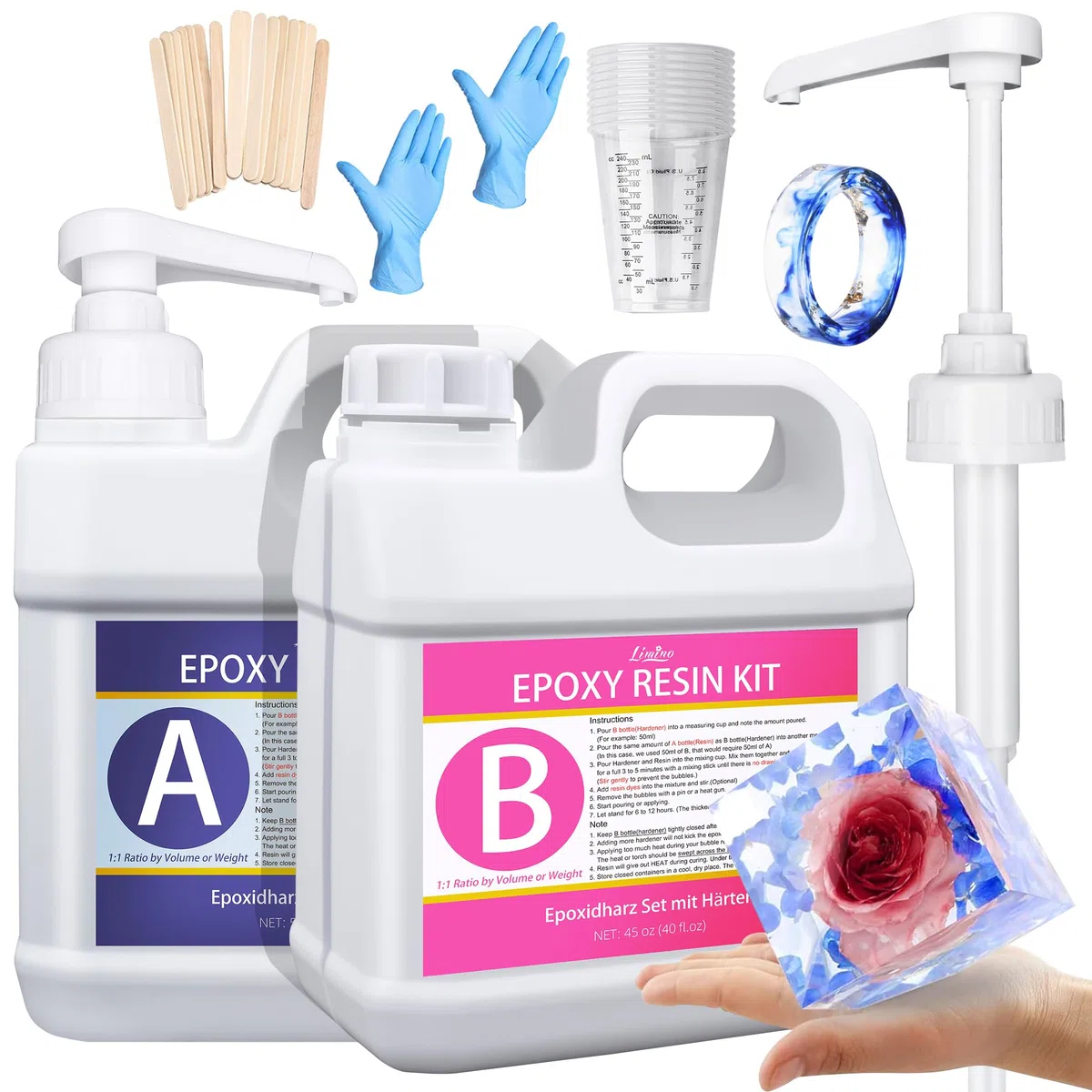 Resina Epoxi Con Endurecedor, 2,7 Kg/2,4 L, Transparente Con Bomba Para Fundir y Recubrir, Tableros de Mesa, Sin Burbujas, Para Fabricación de Joyas, Moldes