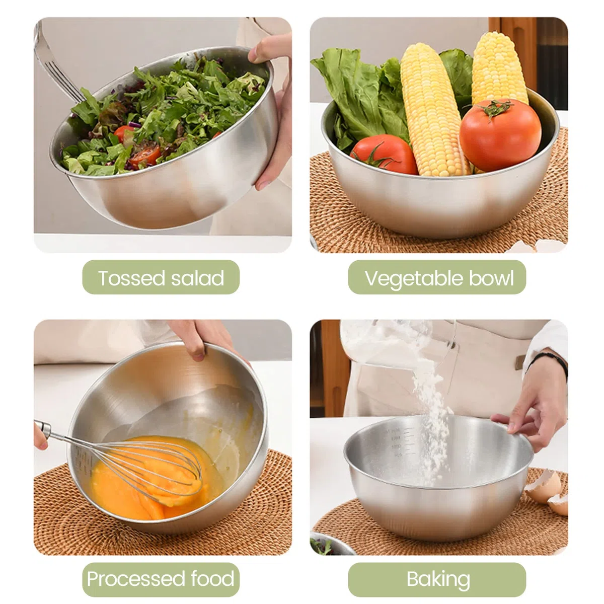 Cuencos Cocina Set de 4 Ensaladeras de Acero Inoxidable, 4 tamaños - 0.7 L/ 1.2 L/ 1.8 L/ 2.5 L, 4 Boles Aptos para Lavavajillas y Apilables