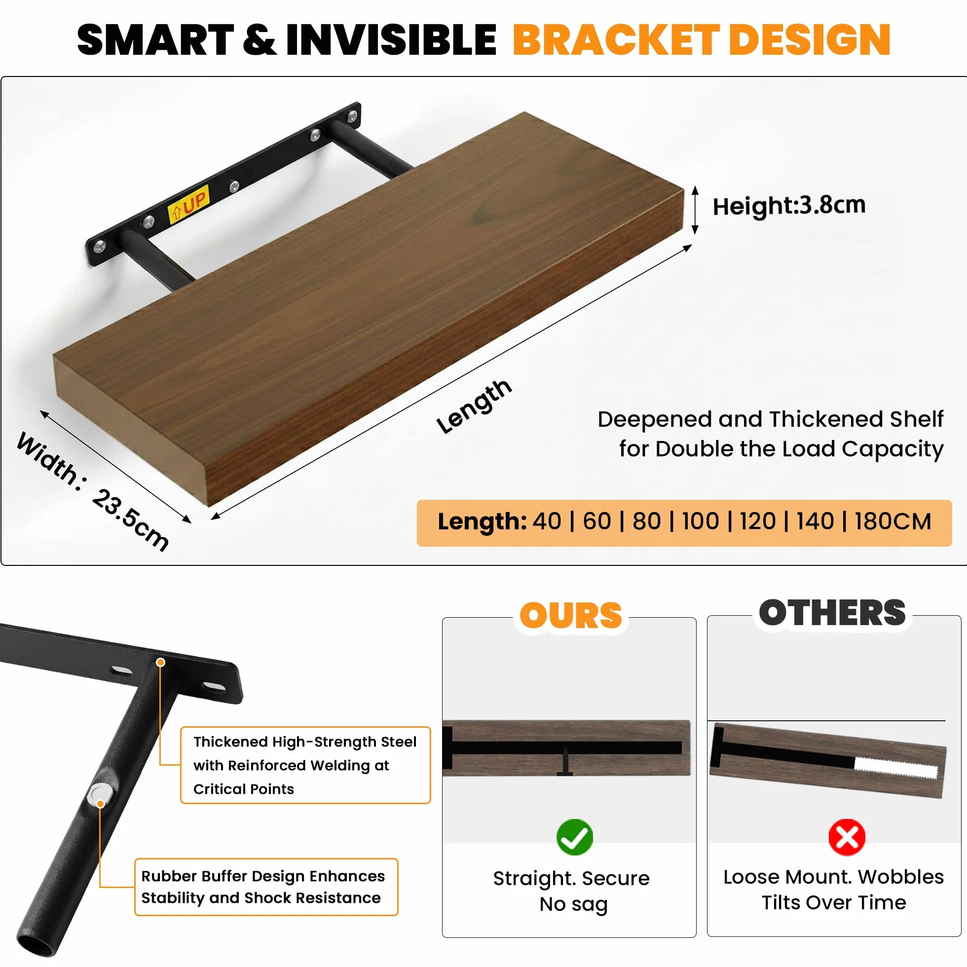 RICHER HOUSE Braun - Juego de 2 estantes de pared (60 x 23,5 x 3,8 cm, tablero de fibra de densidad media) | Estantería de madera para pared, con soportes invisibles, para dormitorio, salón, baño, cocina, lavandería, oficina