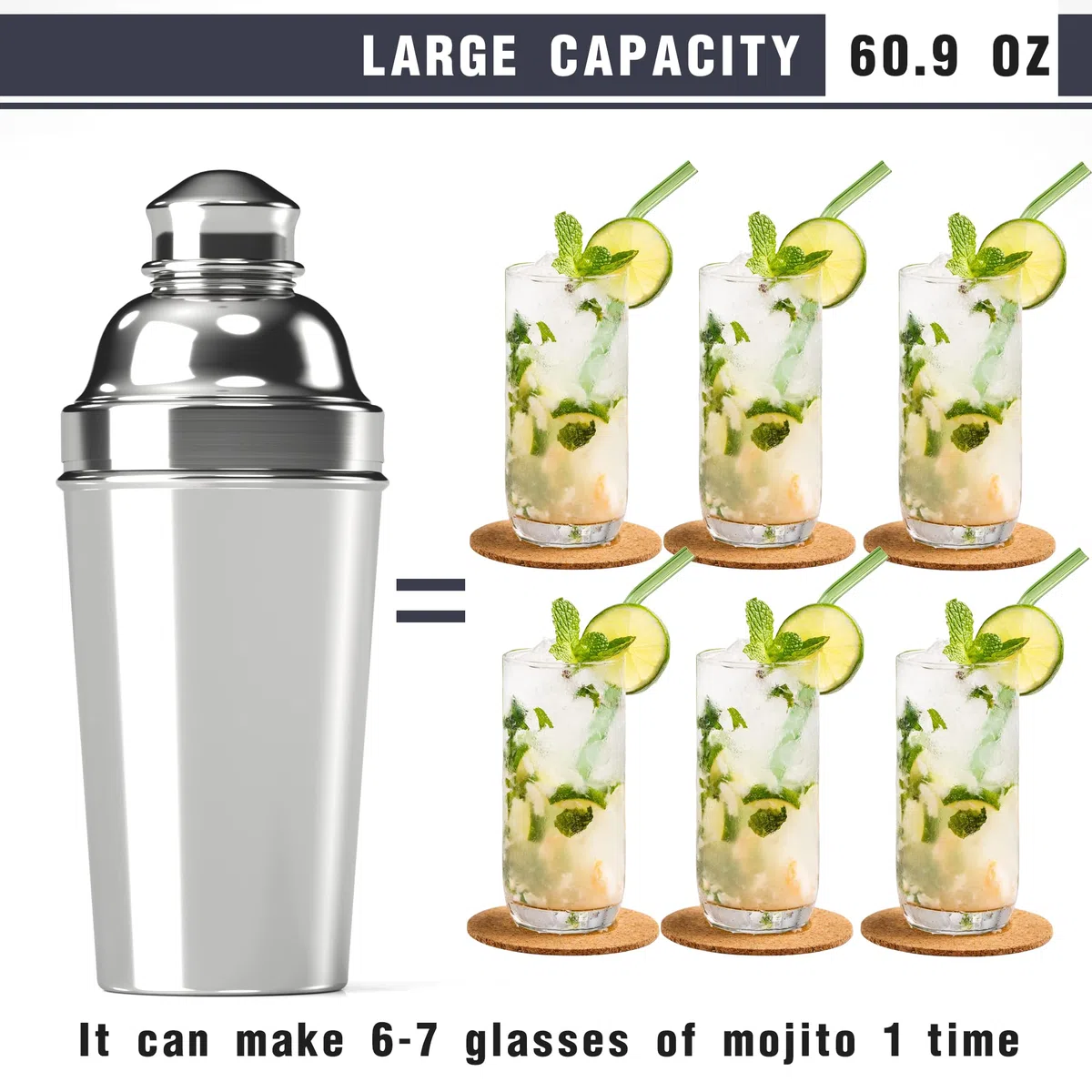 Coctelera grande de acero inoxidable, 1.8 L, para mezclar cócteles, coctelera plateada, mezclador de bebidas, 1,729.3 g, con colador integrado