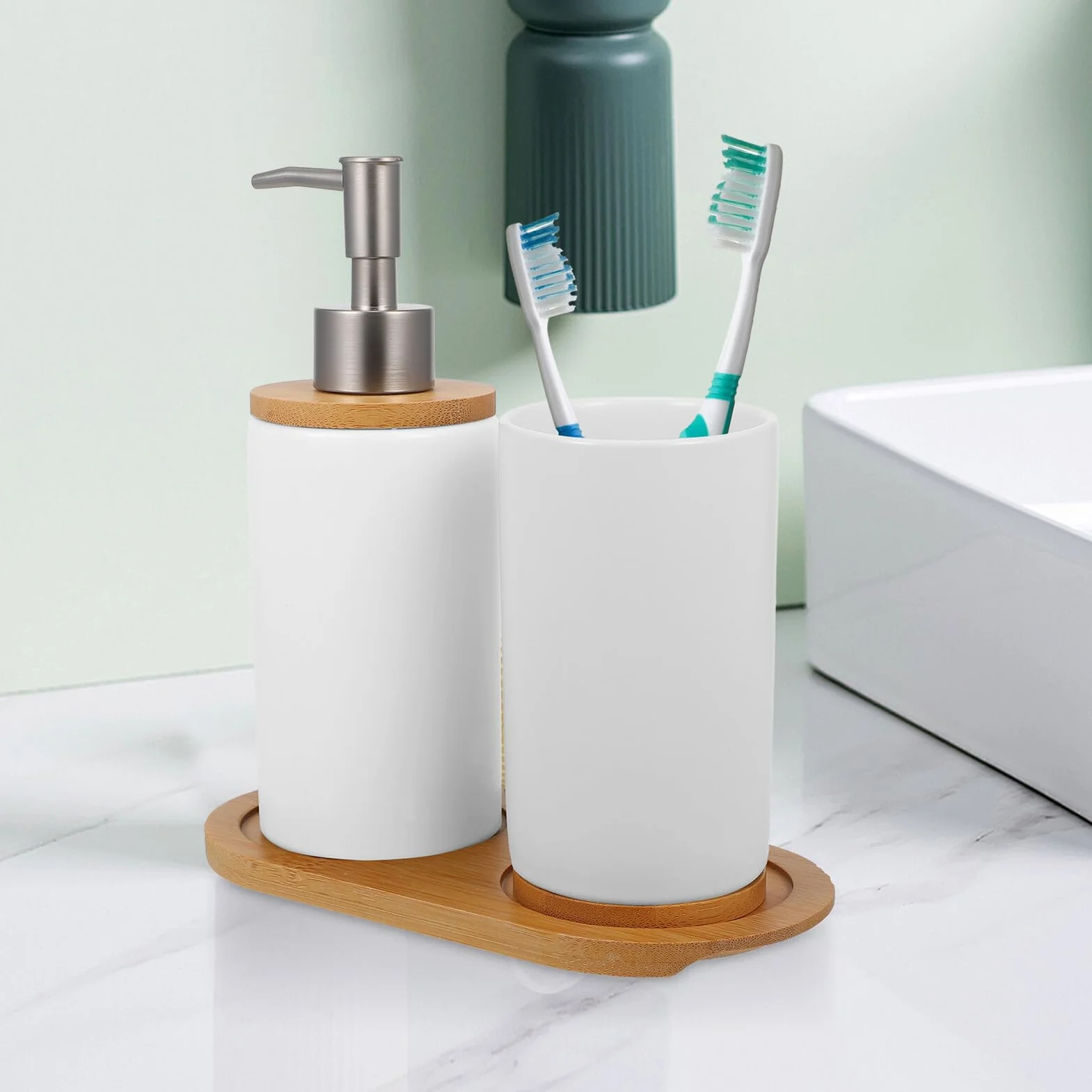 BESPORTBLE Juego de Accesorios de Baño de Cerámica Incluye Vaso para Cepillos de Dientes 350Ml Dispensador de Loción 430Ml y Base Adecuado para Baño y Uso Doméstico