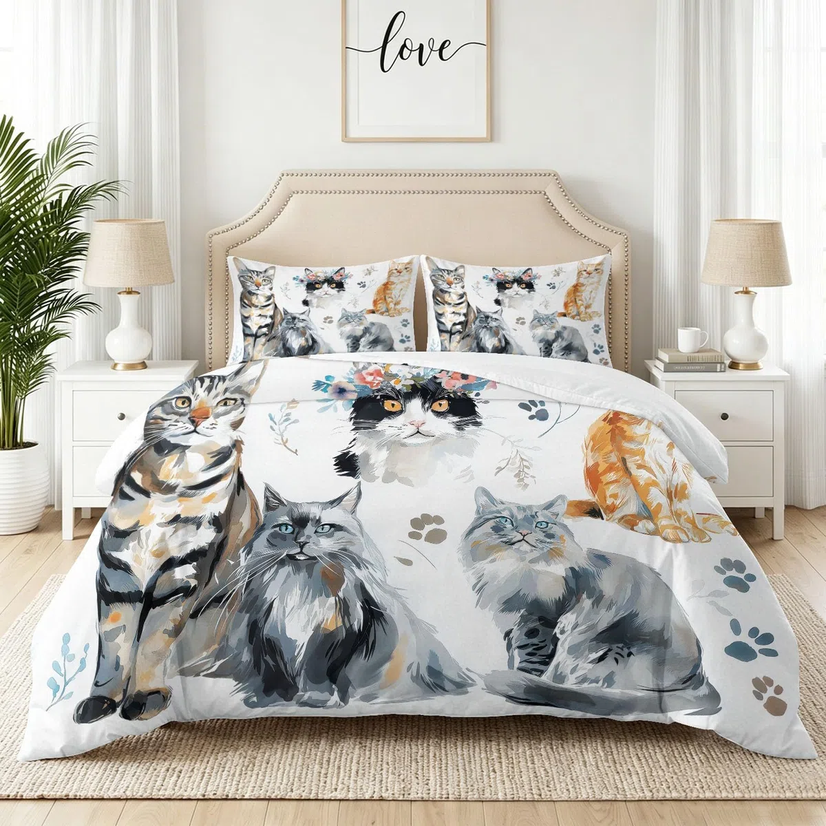 Juego de funda de edredón de tamaño King dibujado a mano con cremallera oculta, estampado de huellas de gato, microfibra con 2 fundas de almohada de 50 x 75 cm, reversible, transpirable