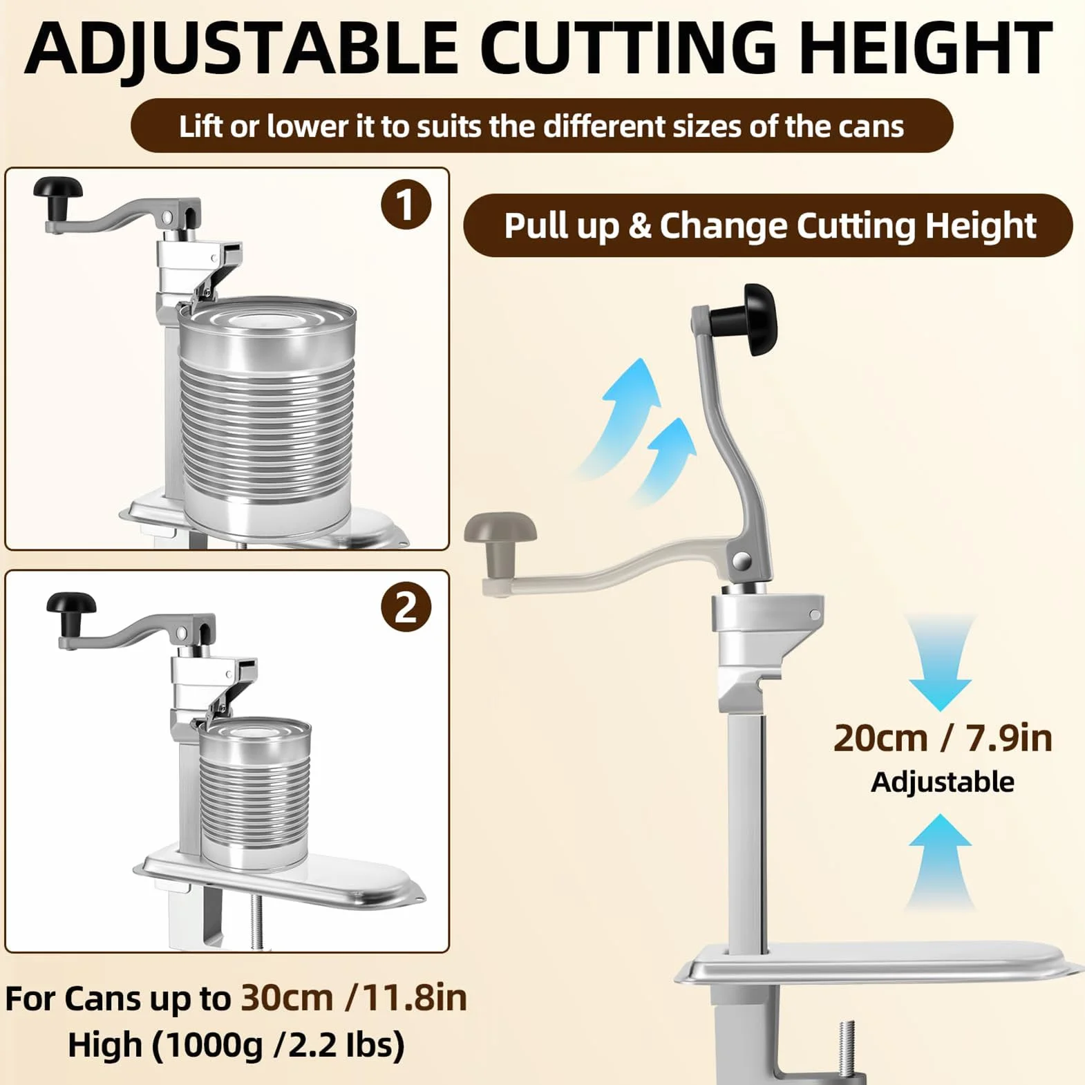 Abrelatas comercial de 48/59/75 cm, abrelatas industrial de altura ajustable para latas de hasta 10 pulgadas de alto, abrelatas manual resistente con base resistente y hoja de repuesto, ideal para