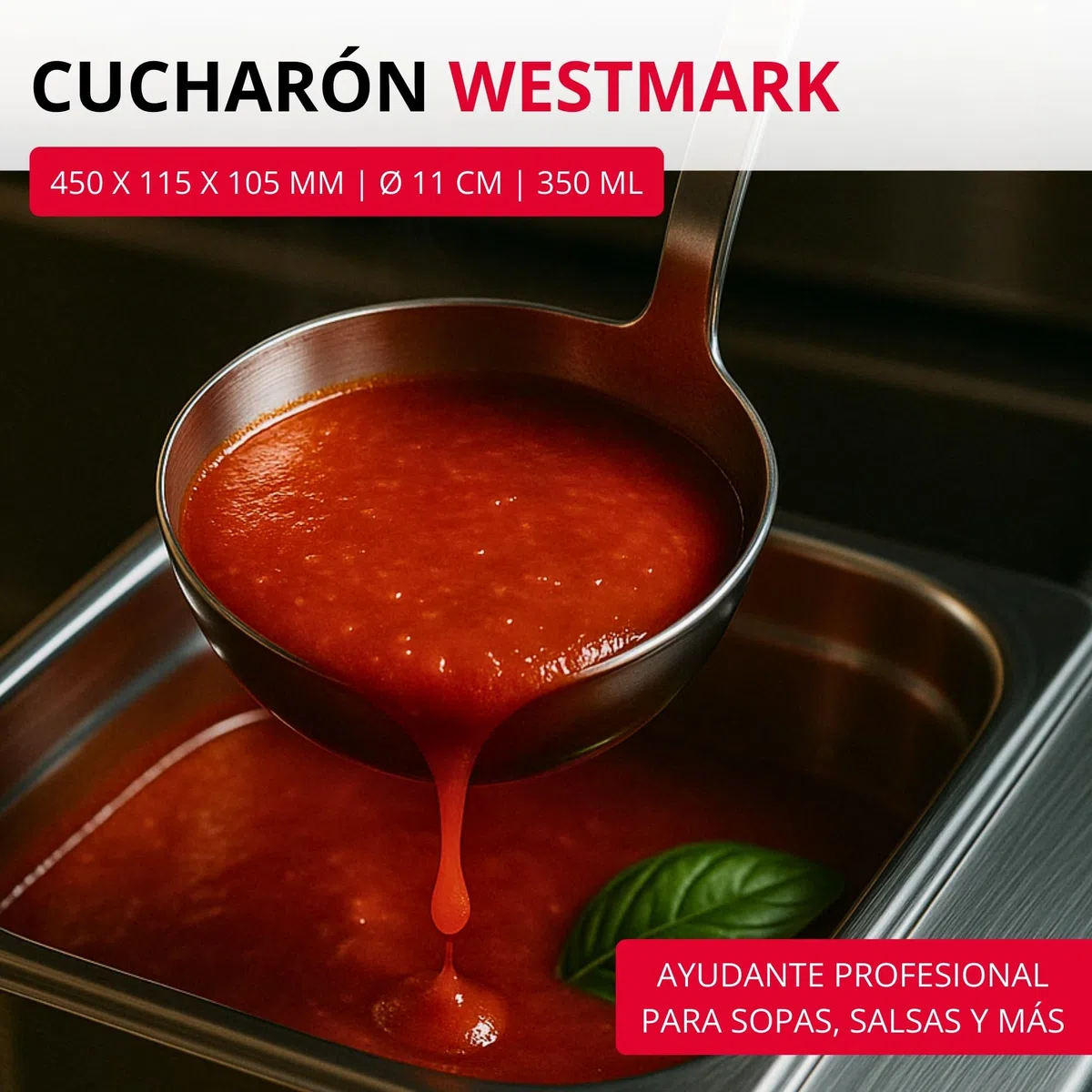 Westmark Ladle Pro, Cucharón sopera pequeño de acero inoxidable para la cocina profesional, Cucharón para salsas, aderezos, etc., Plata, Ø 11 cm, 350 ml