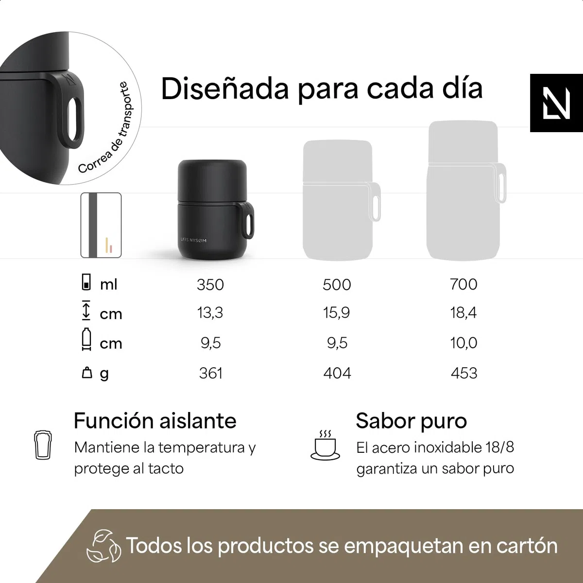 LARS NYSØM Tarro Térmico de Acero Inoxidable - Recipiente Hermético para Comida Caliente y Fría, Termo de Boca Ancha para Sopas, Trabajo y Viaje (Carbon Black, 350ml)