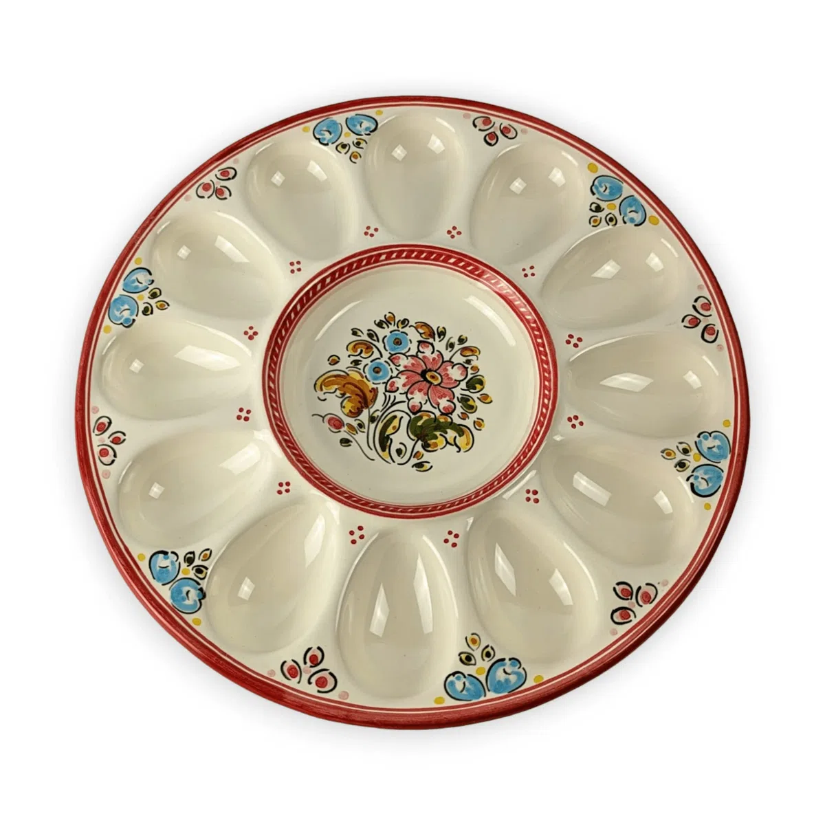 Gónfer - Huevera Plato de Huevos de Cerámica Artesanal Flores Rojo - Bandeja Fuente Huevos Rellenos - Fabricado y Pintado a Mano - Capacidad 12 (26,5 cm Ø)