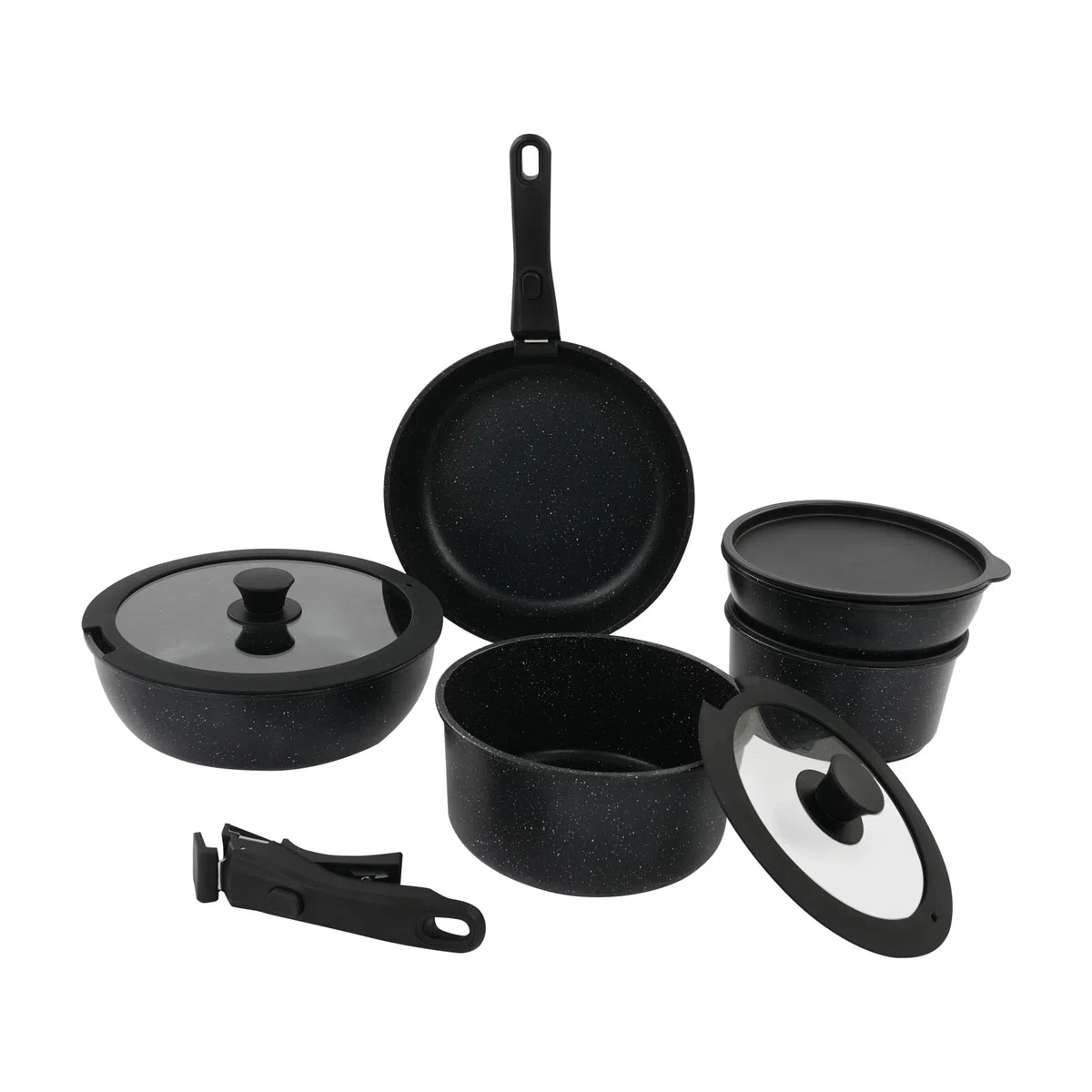 Juego de utensilios de cocina de 15 piezas, antiadherente, juego de ollas y sartenes versátiles con mango extraíble, ollas y sartenes portátiles para cocina (negro)