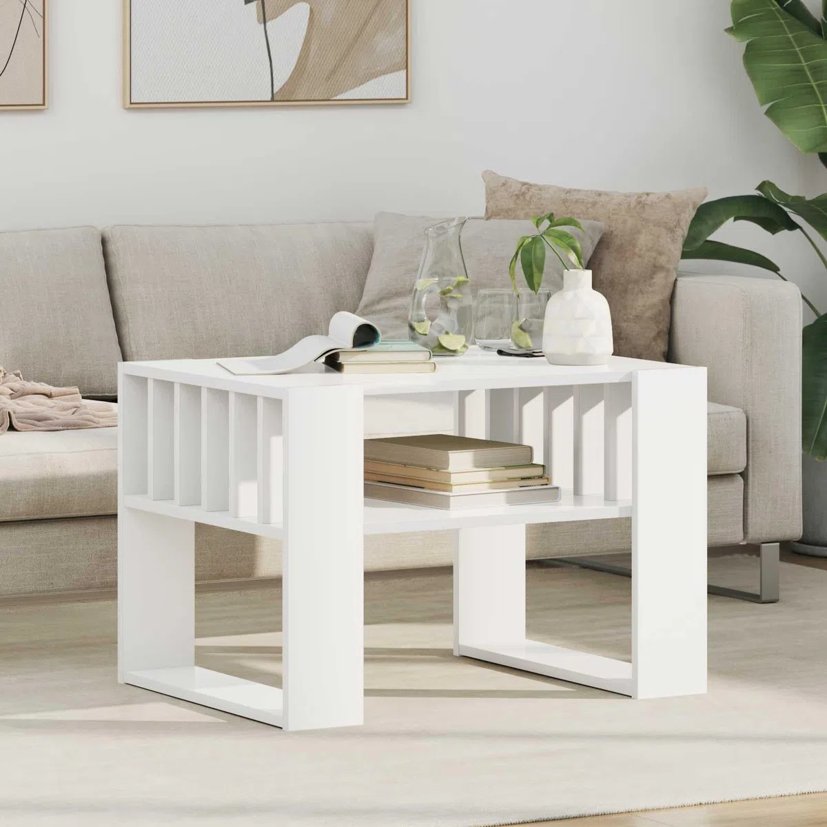 Mesa de centro blanca de 66 x 49,5 x 45 cm, material de madera, moderna mesa de salón con estante y espacio de almacenamiento para salón, habitación de invitados, oficina, pasillo, recepción