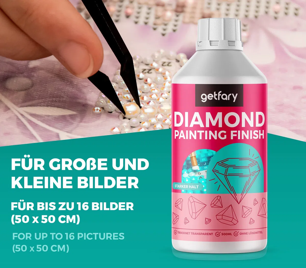 Diamond Painting Finish 2 x 500 ml – Sellador de pintura de diamante transparente para hasta 32 imágenes (50 x 50 cm)