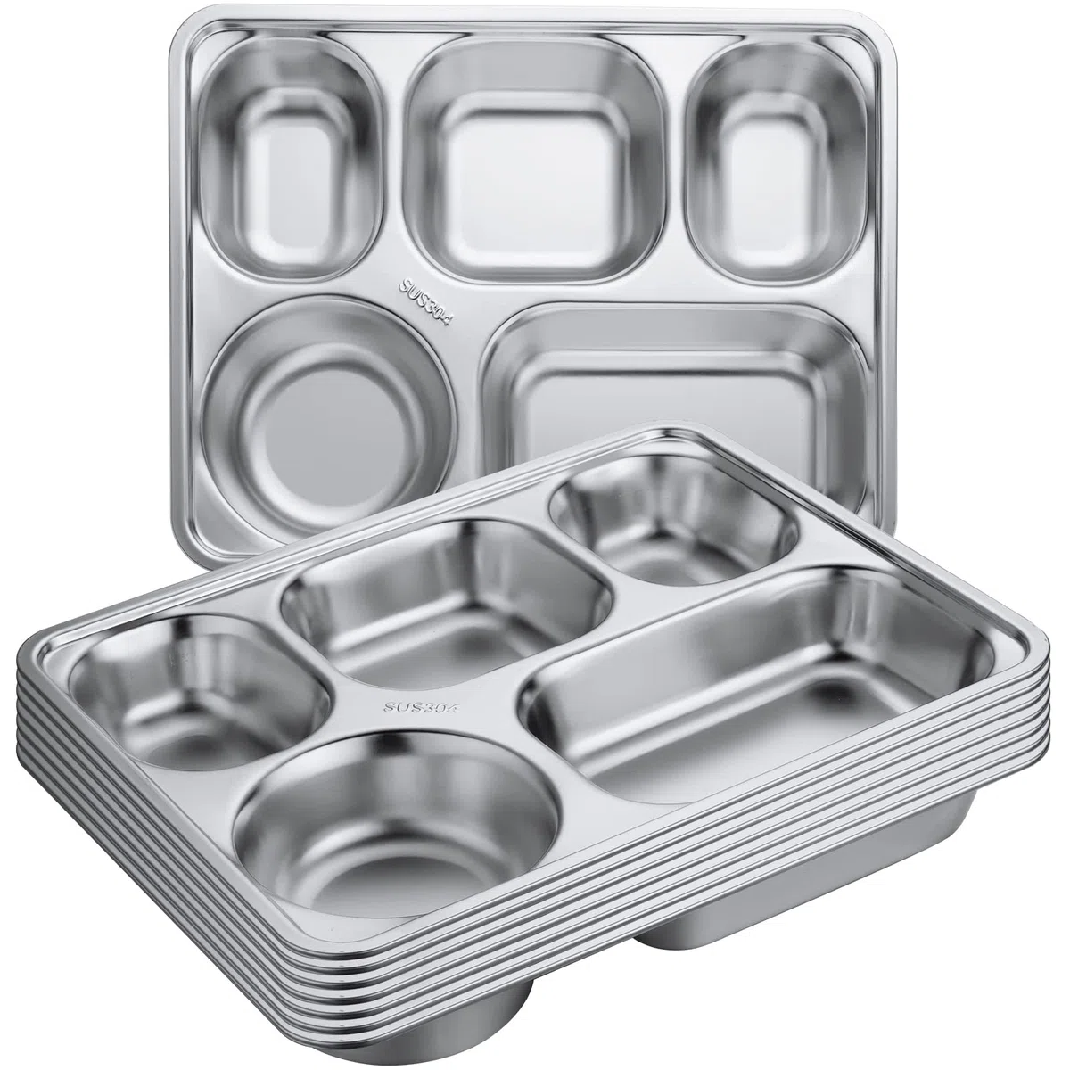 Foaincore Paquete de 8 platos divididos rectangulares de acero inoxidable con 5 compartimentos, bandeja de metal irrompible para almuerzo, cena, camping, calibre pesado