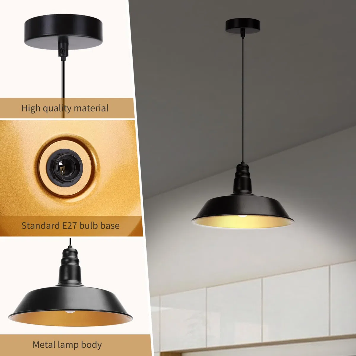 Aigostar Lámpara de techo Metal Lámpara Colgante negro y oro hemisférico E27 Industrial Estilo moderno para decorar el salón， pasillo， dormitorio， comedor etc