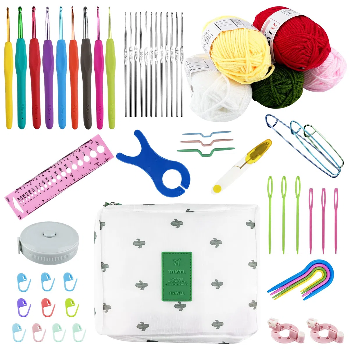 Comzantor Kit de ganchillo de 58 piezas Completo, Kit de punto de ganchillo, bolsa de ganchillo para niños y principiantes
