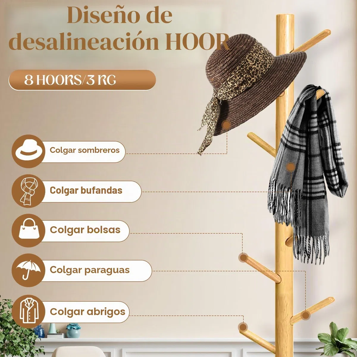Perchero de Madera de Pino con 8 Ganchos + 6 Clips Inox – Perchero Moderno Ahorro de Espacio para Entrada, Dormitorio, Oficina (color primario)