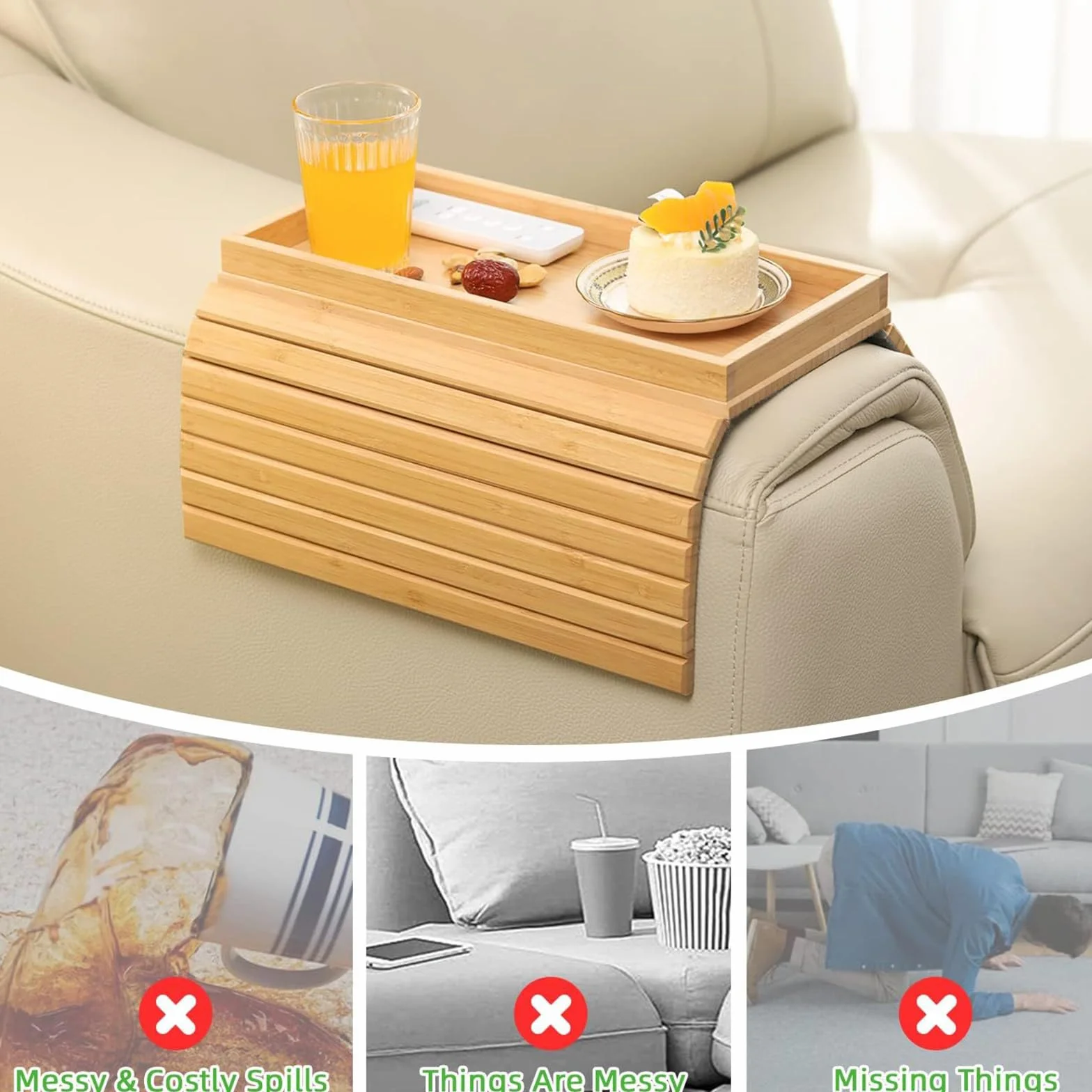 Bandeja de Brazo para Sofá con Alfombrillas para Tazas, Mesa de Brazo de Sofá Plegable, Madera Antideslizante para Aperitivos, Mando, Tazas